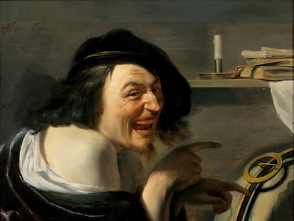 Retrato de Demócrito obra de Johannes Moreelse, 1630, conservado en el Museo Central de Utrecht.