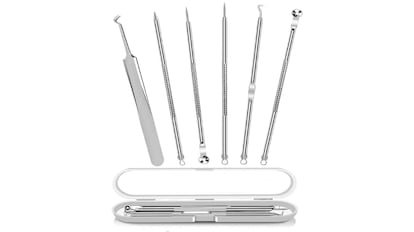 Kit extractor para eliminar las espinillas y los puntos negros. 6 piezas con distintas formas y estuche de almacenamiento.