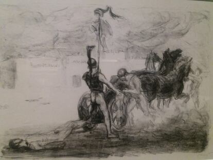 Dibujo de Aquiles arrastrando el cuerpo de Héctor en su carro, de la exposición sobre Troya en el British Museum.