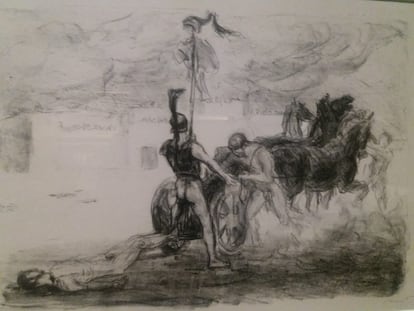 Dibujo de Aquiles arrastrando el cuerpo de Héctor en su carro, de la exposición sobre Troya en el British Museum.