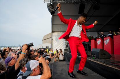 Jon Batiste performing on August 5th at the Newport Jazz Festival in Newport, Rhode Island. 