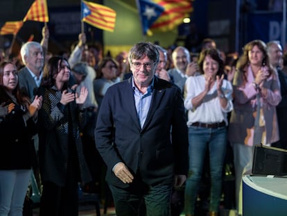 Carles Puigdemont durante el acto central de la campaña de Junts, este sábado en en Argelès-sur-Mer  (Francia).