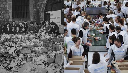 A l'esquerra, imatge d'una campanya solidària de Nadal de Càritas als anys cinquanta, no gaire diferent a l'actual Gran Recapte organitzat pel Banc dels Aliments.