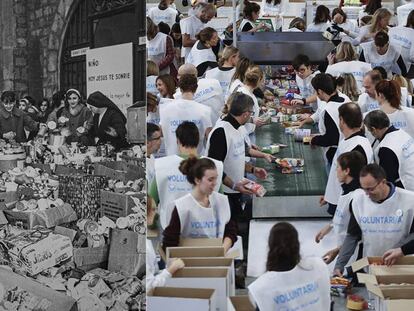 A l'esquerra, imatge d'una campanya solidària de Nadal de Càritas als anys cinquanta, no gaire diferent a l'actual Gran Recapte organitzat pel Banc dels Aliments.