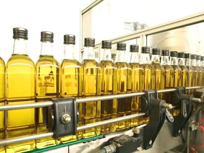 Botellas de aceite de oliva en una línea de producción.