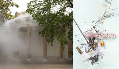 Exterior del pabellón de Francia, envuelto en una bruma que adelanta que lo que se verá dentro no será pacífico. A la derecha, un detalle de la instalación del artista Laure Prouvost, 'Idealmente este mapa te mostraría el camino', que desperdiga residuos humanos —quizá en un acto de justicia poética, junto con restos humanos—, animales marinos muertos, y otros tratando de comer lo que encuentran.