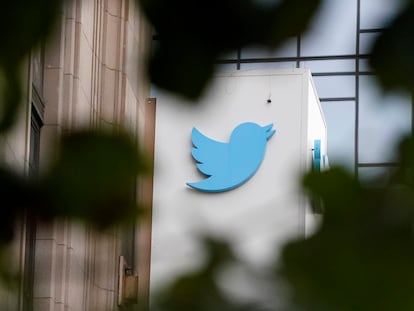 A sign at Twitter headquarters is shown in San Francisco, Dec. 8, 2022.