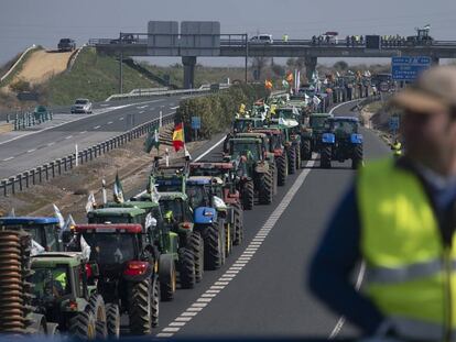 Protesta de agricultores en la A-4, a la altura de Carmona (Sevilla).