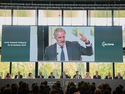 El presidente de Acciona, José Manuel Entrecanales, esta mañana durante la junta de accionistas celebrada en Madrid.