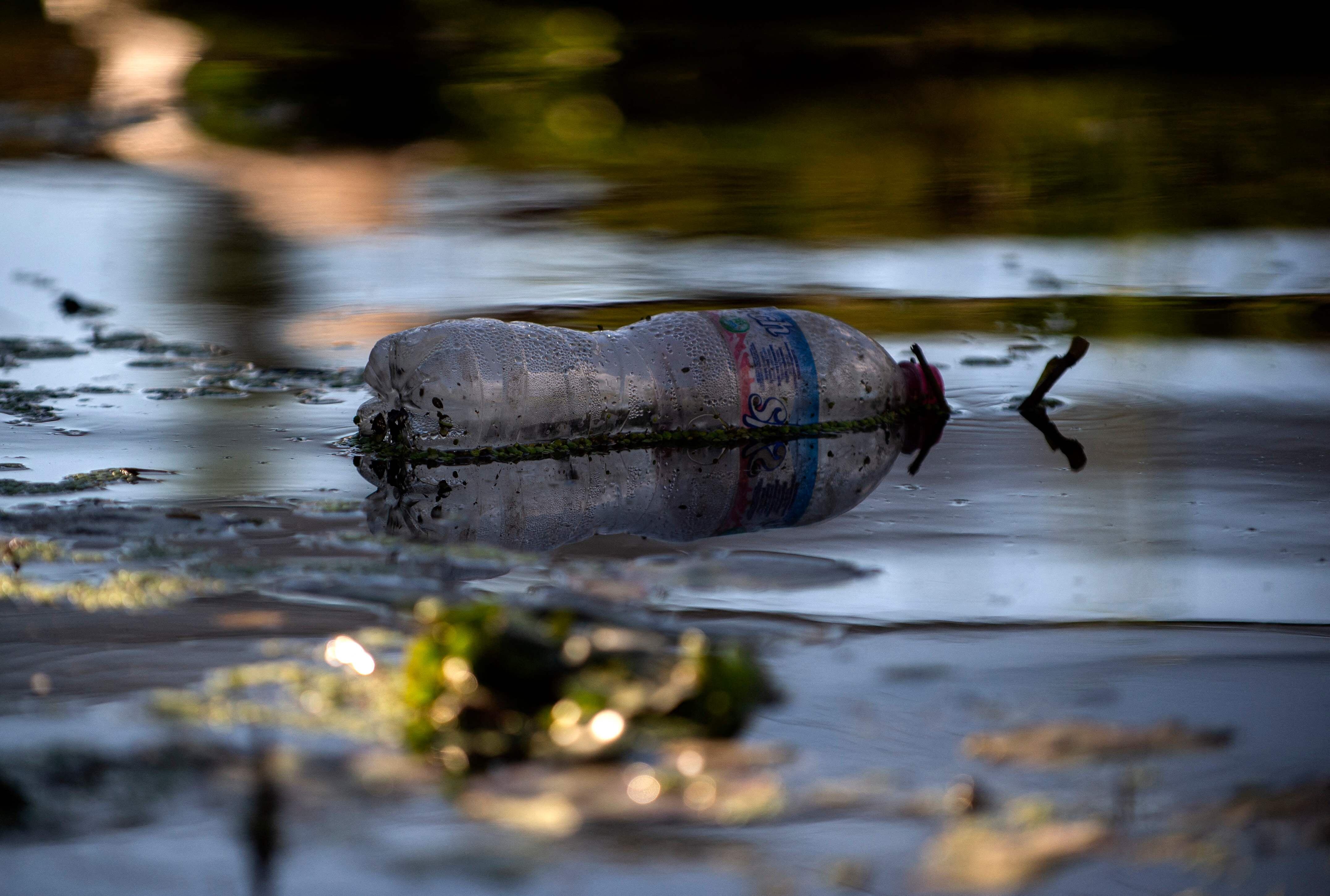 Una botella de plástico en los canales de Xochimilco. 