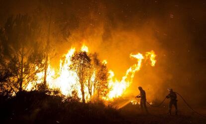 Dos bomberos trabajan en la extinción del incendio que se declaró en Ribeira en 2013.