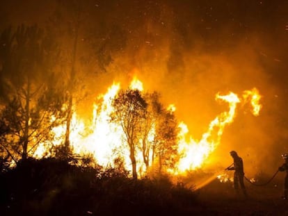 Dos bomberos trabajan en la extinción del incendio que se declaró en Ribeira en 2013.