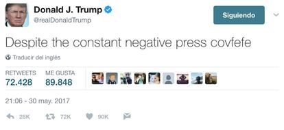 La piulada de "covfefe" de Trump, a les 2.30 de la matinada de Washington.