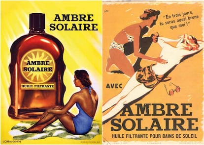 Dos de los primeros anuncios que se publicaron de Ambré Solaire, el primer protector solar de la historia.