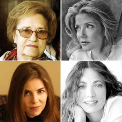 De arriba abajo y de izquierda a derecha, Corín Tellado, Candace Bushnell, Florencia Bonelli y Ángela Becerra.