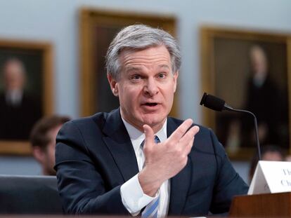 FBI Director Christopher Wray testifies before the House Appropriations subcommittee Commerce, Justice, Science, and Related Agencies budget hearing for Fiscal Year 2024, on Capitol Hill in Washington, April 27, 2023.