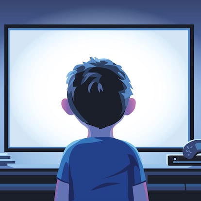 Vector illustration of a boy standing in front of a television set in a living room late at night. Concept for