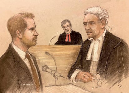 Court artist sketch by Elizabeth Cook Britain's Prince Harry being cross-examined by Andrew Green