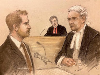 Court artist sketch by Elizabeth Cook Britain's Prince Harry being cross-examined by Andrew Green KC, as he gives evidence at the Rolls Buildings in central London, June 6, 2023.