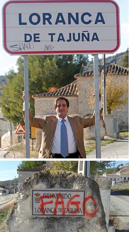 El alcalde de Loranca de Tajuña, Miguel García Maroto. Abajo, las amenazas que ha recibido.