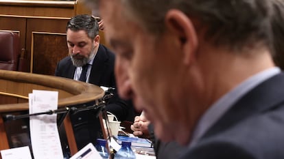 El líder de VOX, Santiago Abascal, y el del PP, Alberto Núñez Feijóo, en la bancada del Congreso, en marzo pasado. Feijóo propone un visado por puntos para inmigrantes condicionado a trabajos donde “falta mano de obra” y con una “cultura” próxima.