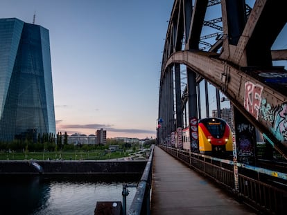 A tram drives past the European Central Bank building in Frankfurt, Germany, on May 2, 2023.