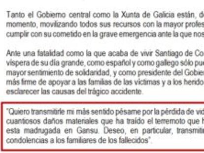 El Gobierno mezcla el accidente de Santiago con el terremoto de Gansu
