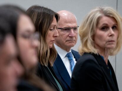 Dr. Caitlin Bernard, left, sits between attorneys John Hoover and Alice Morical on May 25, 2023.