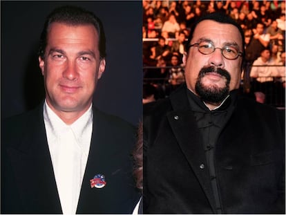 Steven Seagal en una fotografía tomada en 1990; a la derecha, en un combate de boxeo en Moscú en 2019.