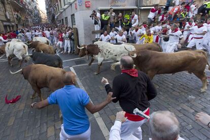 Un momento del encierro de los toros de Alcurrucén en el primer encierro de San Fermín.