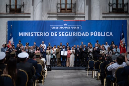 Boric durante una ceremonia de promulgación de la ley que crea el Ministerio de Seguridad Pública, en enero pasado.