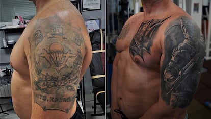 On the left, the Soviet tattoo extolling the Red Army that Roman Marchenko wore until this year; on the right, the new Ukrainian Special Forces tattoo he commissioned to cover it up.