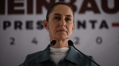 La presidenta electa, Claudia Sheinbaum Pardo, durante la conferencia de prensa en su Casa de Transición el 24 de junio 2024.