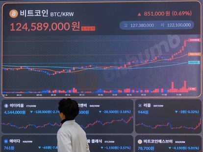 Un empleado surcoreano observa la pantalla electrónica de la casa de cambio de criptomonedas Bithumb en Seúl.