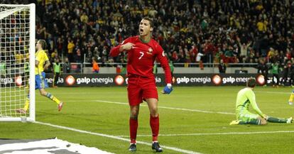 Cristiano Ronaldo celebrates one of his three goals against Sweden. 