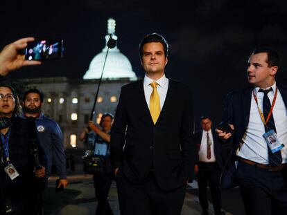 U.S. Representative Matt Gaetz (R-FL) speaks with reporters after filing a motion to vacate — an attempt to oust House Speaker Kevin McCarthy (R-CA) — as he departs the U.S. Capitol in Washington, U.S. October 2, 2023.  REUTERS/Jonathan Ernst