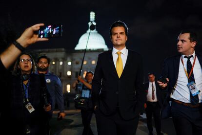 U.S. Representative Matt Gaetz (R-FL) speaks with reporters after filing a motion to vacate — an attempt to oust House Speaker Kevin McCarthy (R-CA) — as he departs the U.S. Capitol in Washington, U.S. October 2, 2023.  REUTERS/Jonathan Ernst