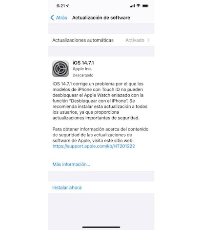 Actualización de iOS 14.7 para iPhone.