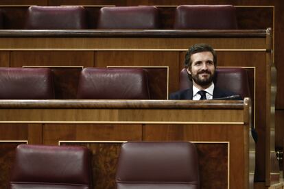 El presidente del PP, Pablo Casado, este miércoles durante el pleno del Congreso de los Diputados. EFE/MARISCAL POOL