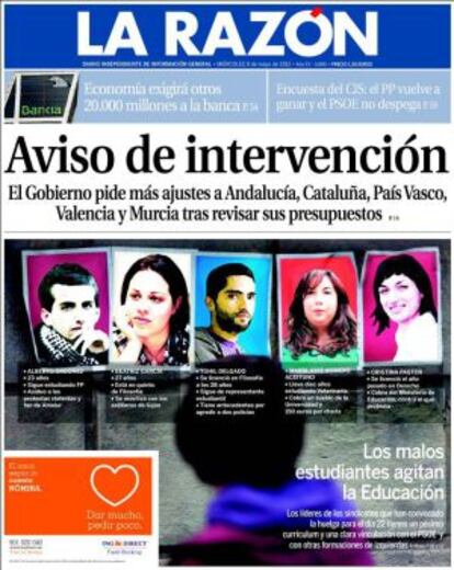 Primera página del diario La Razón de este miércoles.