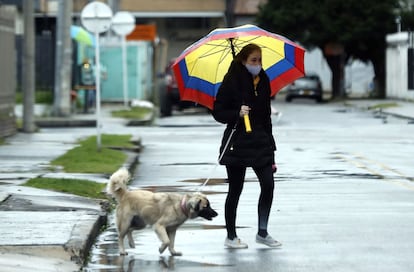 Una mujer pasea con su perro en Bogotá (Colombia). Colombia cumplió cuatro meses en cuarentena contra el coronavirus, que se propaga sin control en el país, lo que ha llevado a las autoridades a endurecer las restricciones para tratar de mitigar la pandemia que ya deja 7.975 fallecidos y 233.541 contagiados.