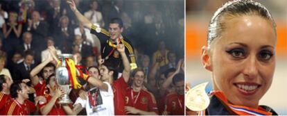 A la izquierda, los jugadores de la selección española celebran el triunfo en la Eurocopa de Austria y Suiza. A la derecha, Gemma Mengual, con su oro europeo en solo.