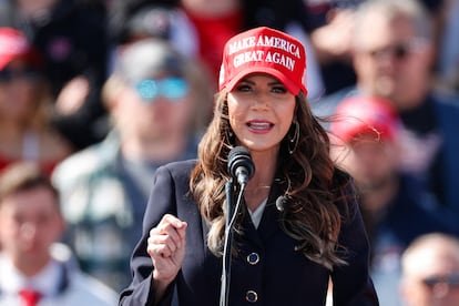 South Dakota Governor Kristi Noem at a Trump rally in Vandalia, Ohio, last March.