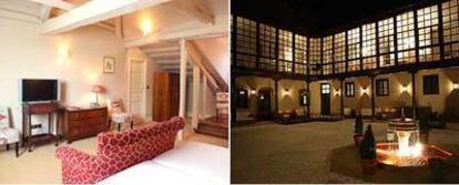 A la izquierda, una de las habitaciones del hotel. A la derecha, el elegante jardín claustral de estilo decimonónico.