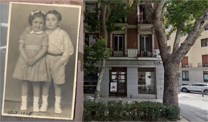 A la izquierda, Ana María y su gemelo en 1945. A la derecha, árboles de la calle Princesa, en Madrid.