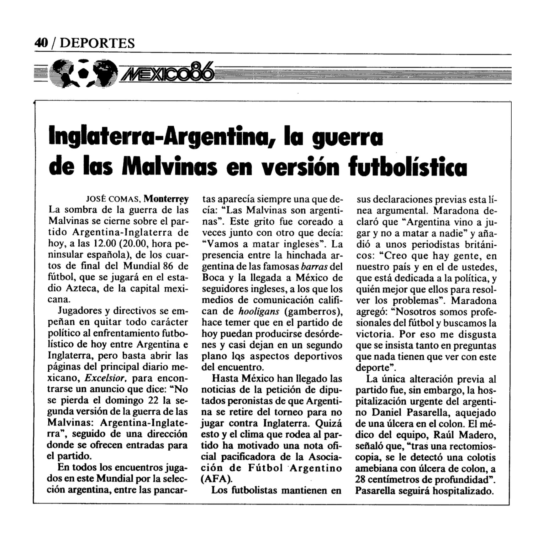 Recorte de EL PAÍS sobre la previa del Inglaterra-Argentina del Mundial de México 86, marcada por el recuerdo de la guerra de las Malvinas.