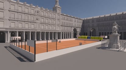 Render de una pista de tenis en la Plaza Mayor de Madrid para el Mutua Madrid Open 2024.