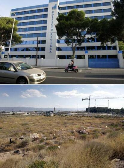Sede de Riviera Invest, en Alicante, en una imagen tomada en la tarde de ayer. Abajo, solar de Espinardo, en Murcia, donde se iban a construir 2.000 apartamentos.
/ joaquín de haro