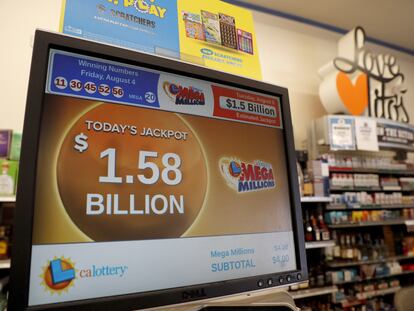 A digital display shows the largest Mega Millions lottery jackpot of $1.5 Billion at a doughnut shop in Oakland, California, USA, 08 August 2023.