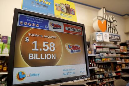 A digital display shows the largest Mega Millions lottery jackpot of $1.5 Billion at a doughnut shop in Oakland, California, USA, 08 August 2023.